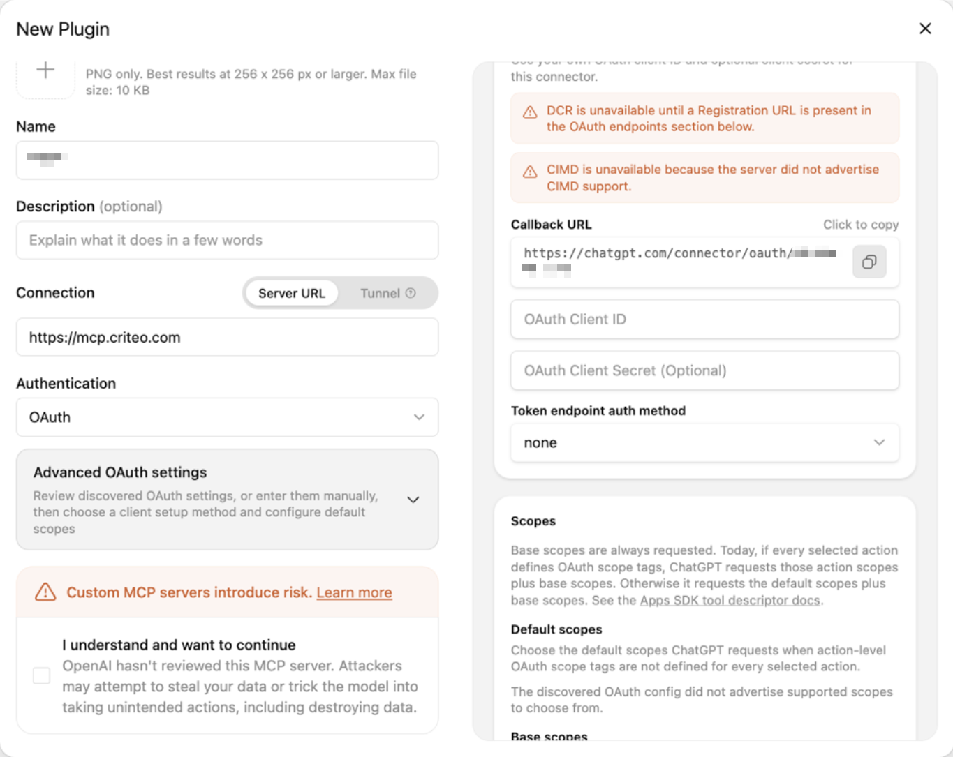 ChatGPT Advanced OAuth settings panel showing the generated Callback URL alongside the OAuth Client ID and Client Secret fields