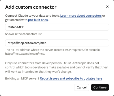 Add custom connector dialog in Claude, with a name and the Criteo MCP server URL filled in