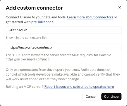 Add custom connector dialog in Claude, with a name and the Criteo MCP server URL filled in