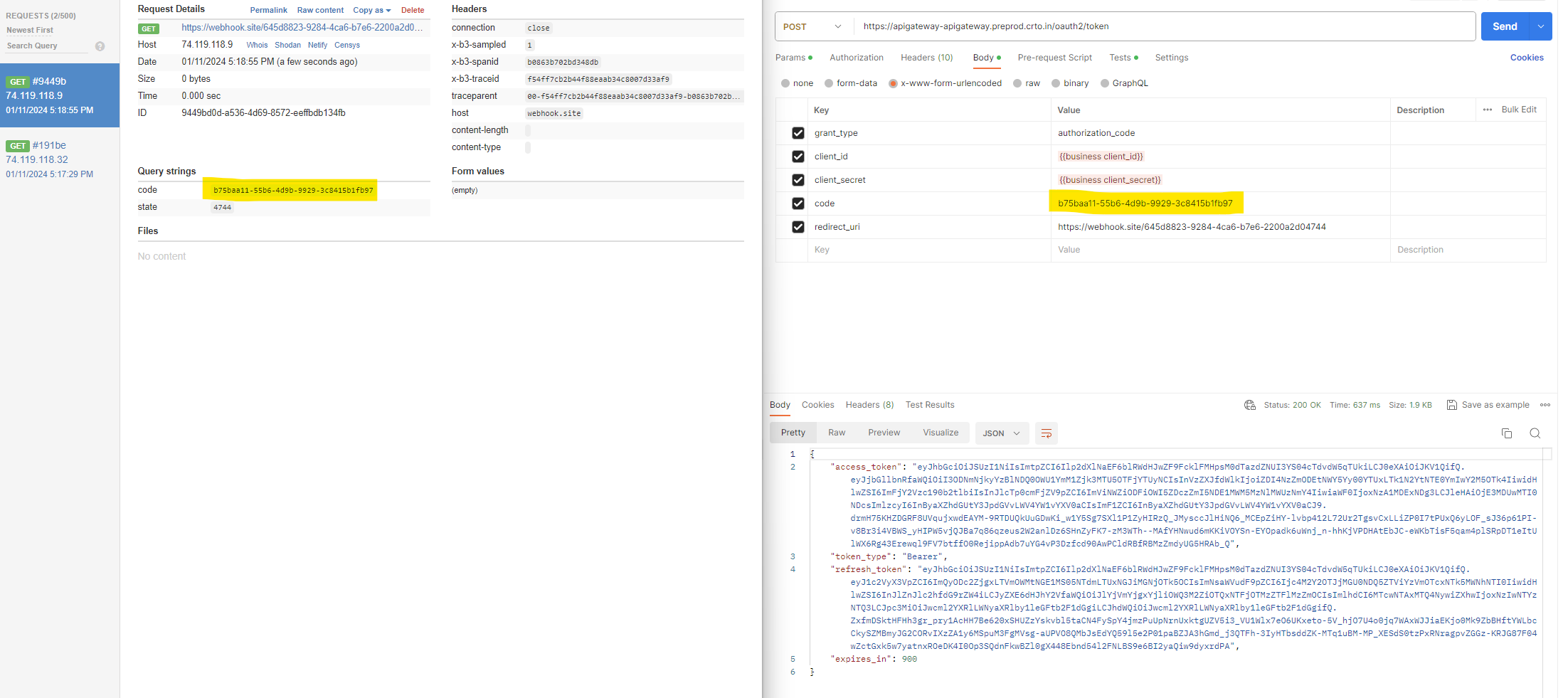 **Example**: On the right, after completing step 4.1 our callback URL receives the code. On the left a new POST authenticate call is made with the code