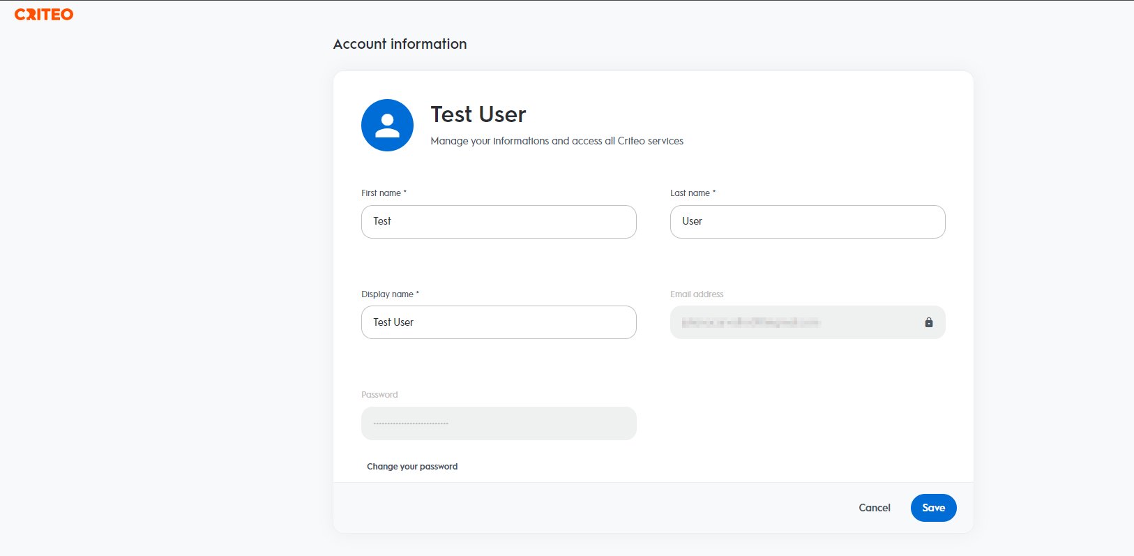 Managing user's contact information in the Criteo partner portal.