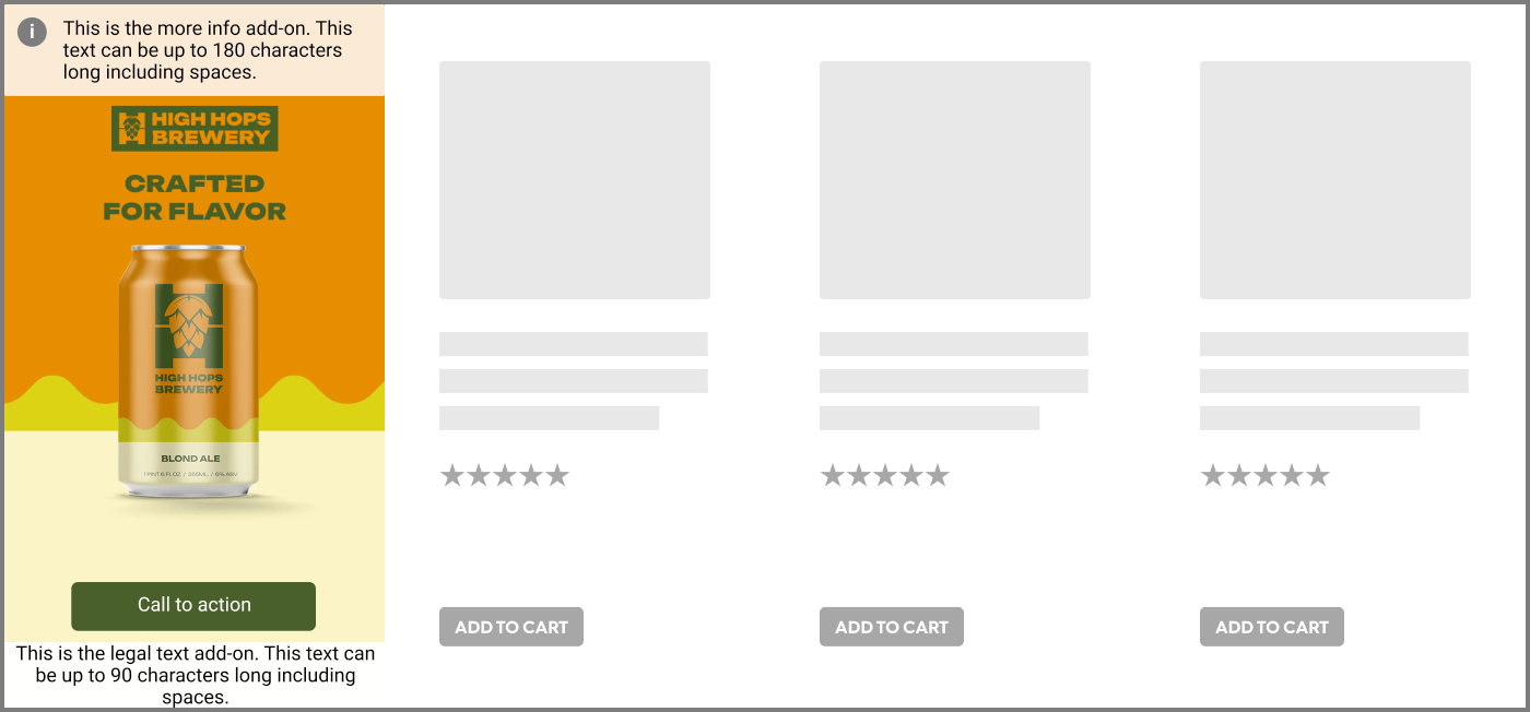 Example of the Commerce Display Grid Shelf (desktop) with CTA, legal text and "more info" text.