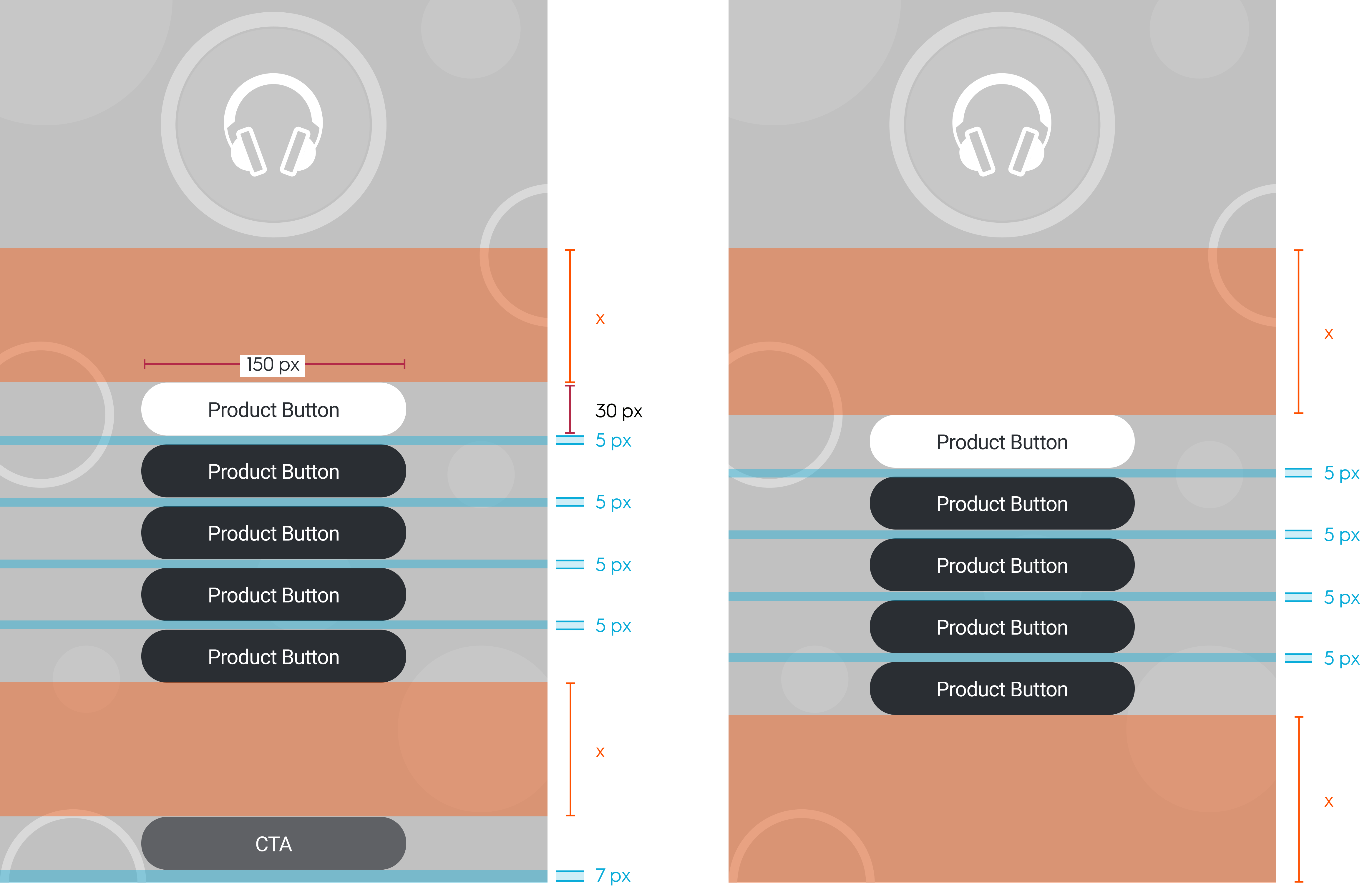 Spacing between buttons and base of branding zone with and without CTA button or Legal text.