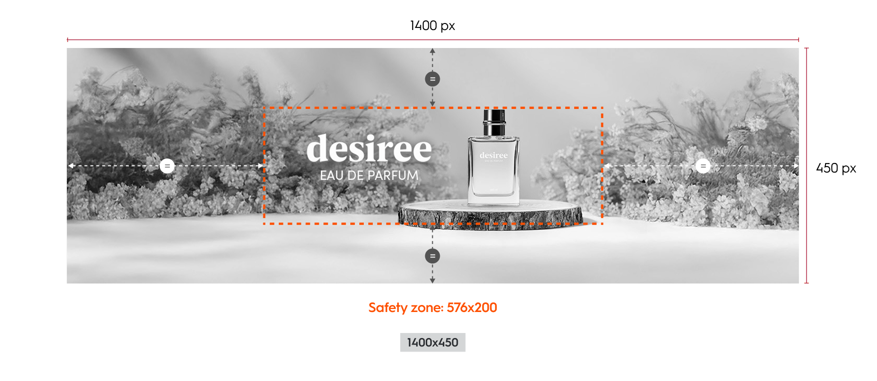 Example of the Branding Display Spotlight Solo format and safety zone on original asset size (desktop)