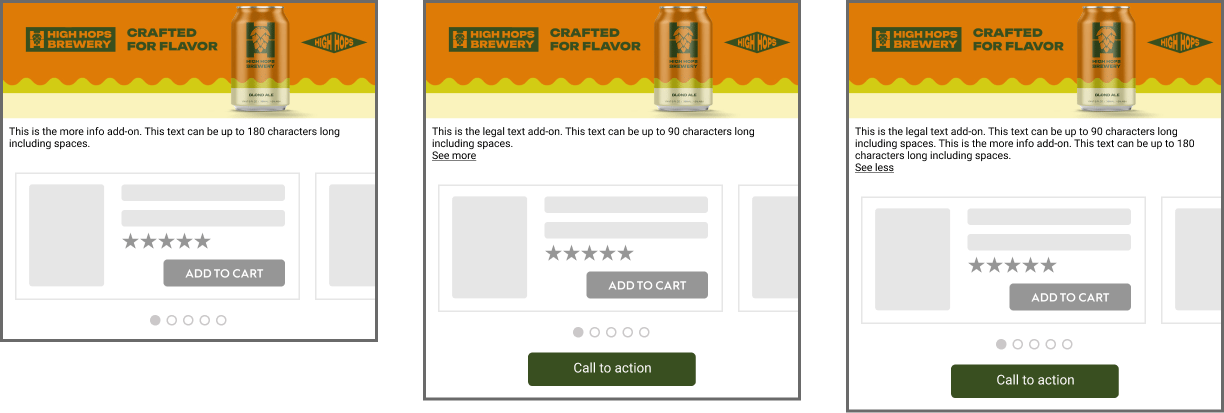 "More Info" with CTA and legal text example for the Commerce Display Grid Shelf format (mobile)