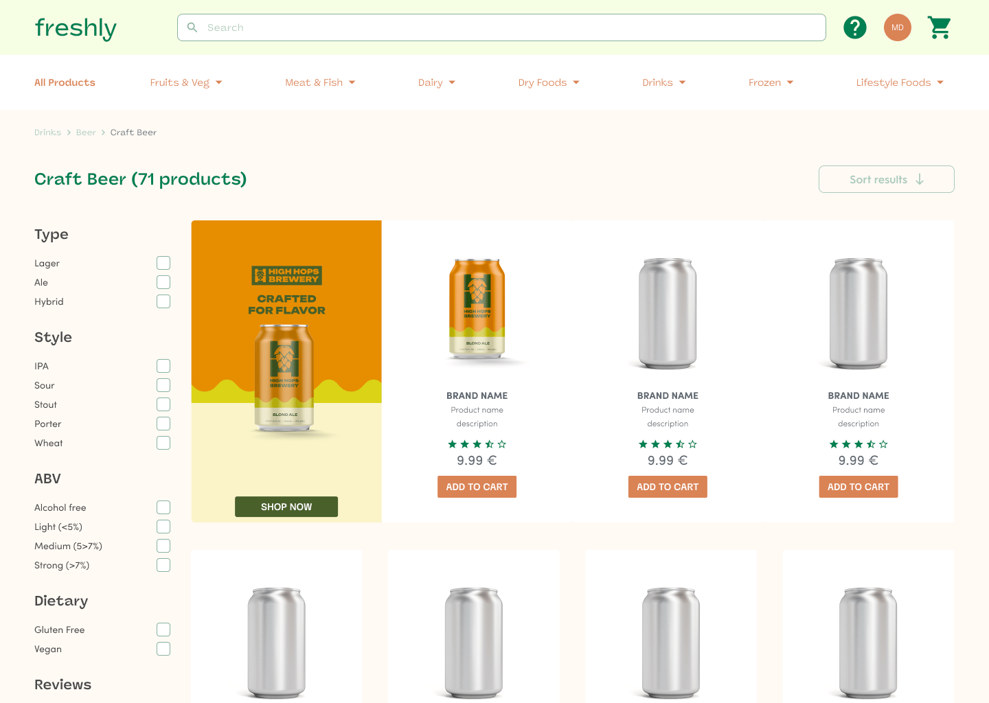 Rendering example for the Commerce Display Grid Shelf (desktop)