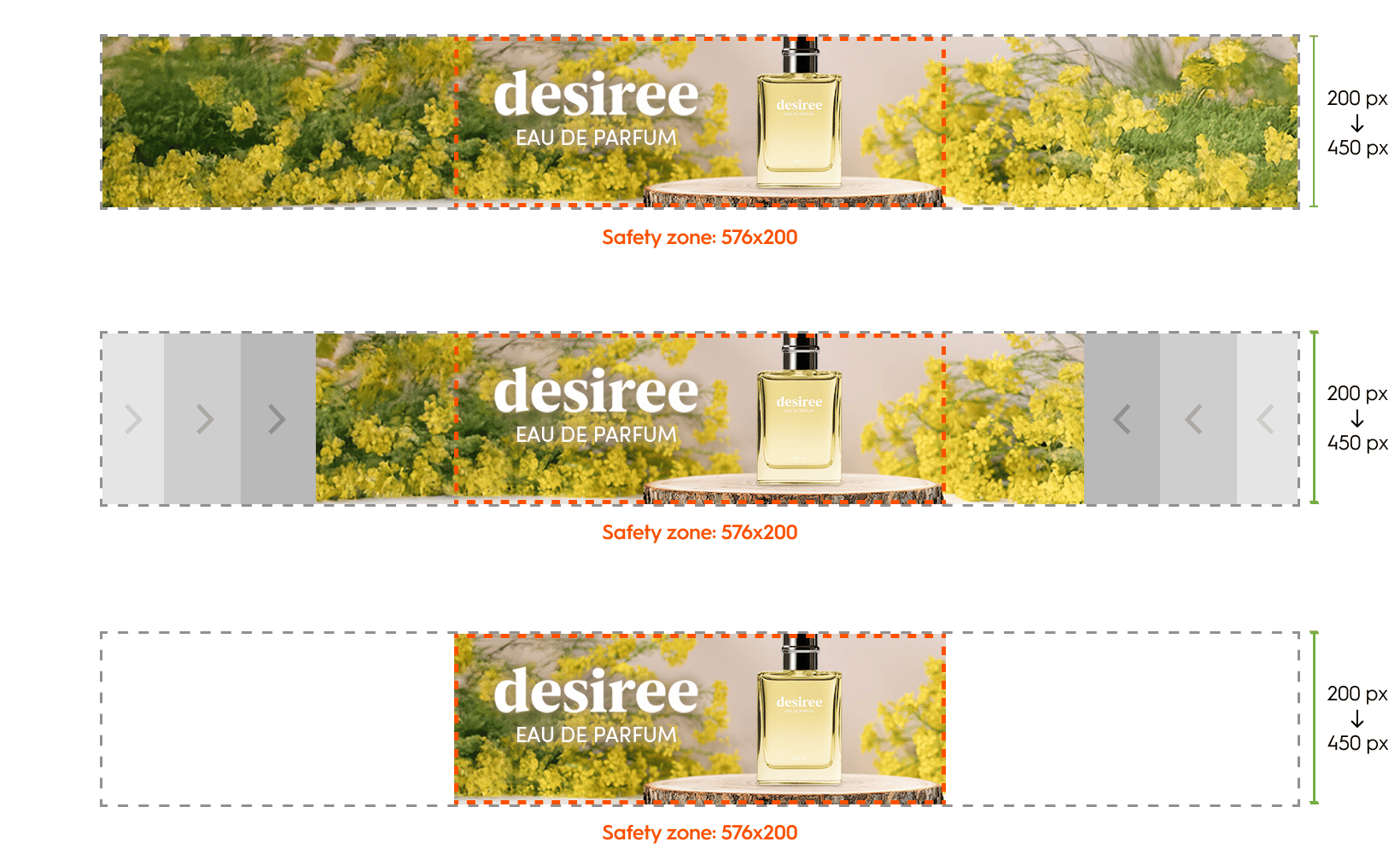 Dimensions for a placement width between 576 px and 1400 px (Branding Display Spotlight Solo, desktop)
