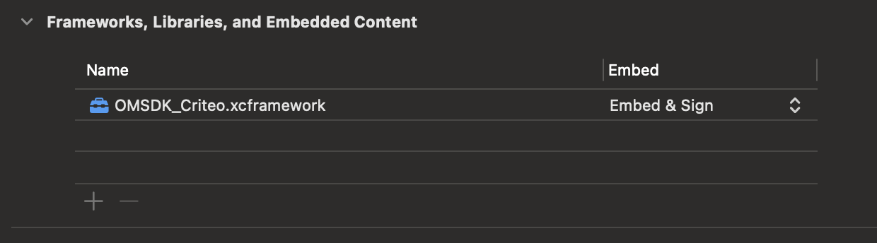 Ensure the framework is listed and set to “**Embed & Sign**”