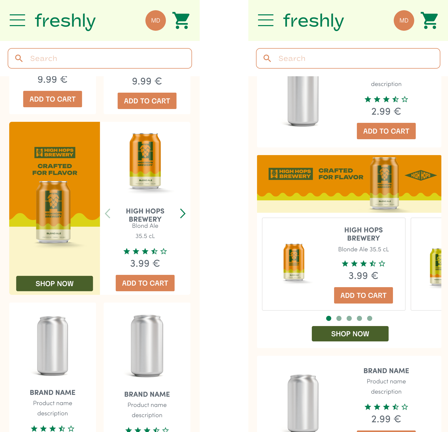 Rendering examples for the Commerce Display Grid Shelf format (mobile - vertical and horizontal options)