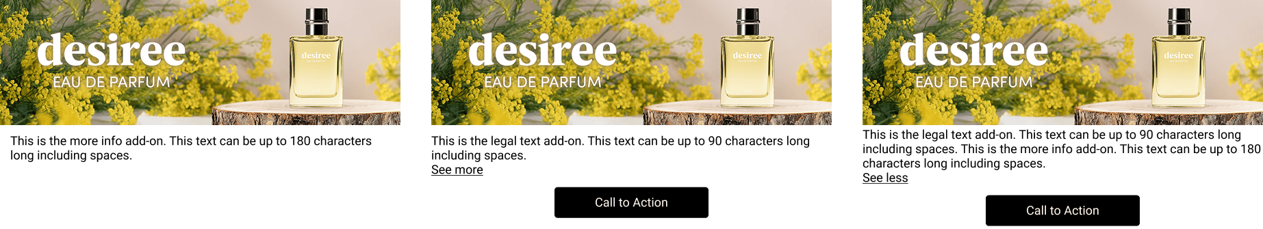 Example of CTA, legal text and 'More Info' for the Branding Display Spotlight Solo format (mobile)