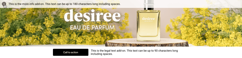 Example of the Branding Display Spotlight Solo (desktop) with CTA, legal text and "more info" text