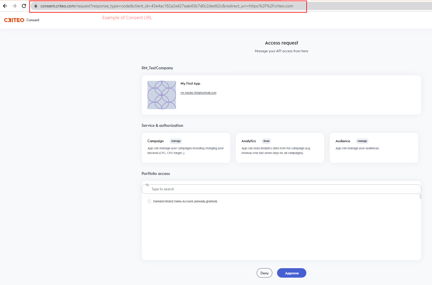 The Criteo Consent page allows selecting the advertisers to grand access to