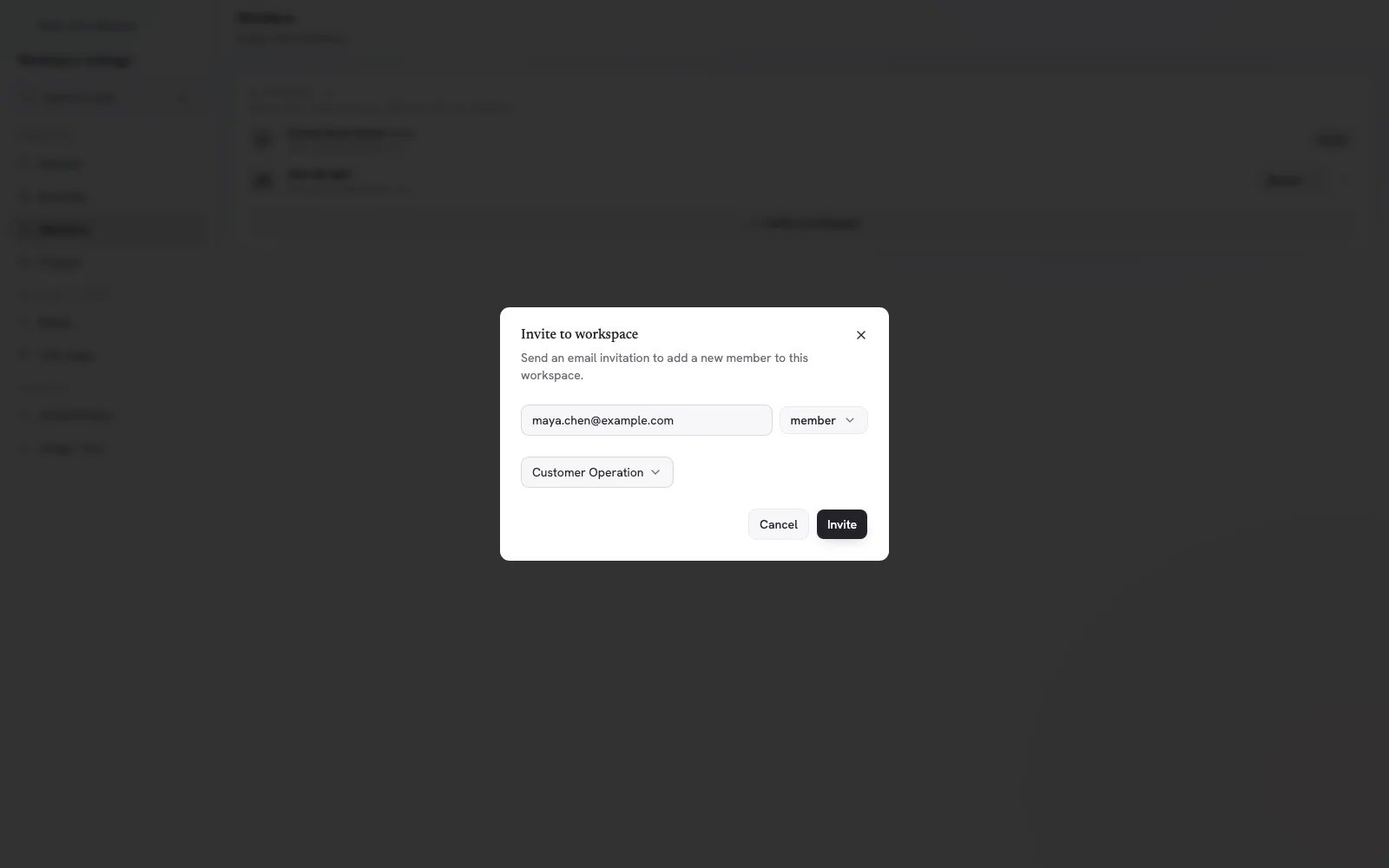 Invite to workspace dialog with email, role, and Project fields