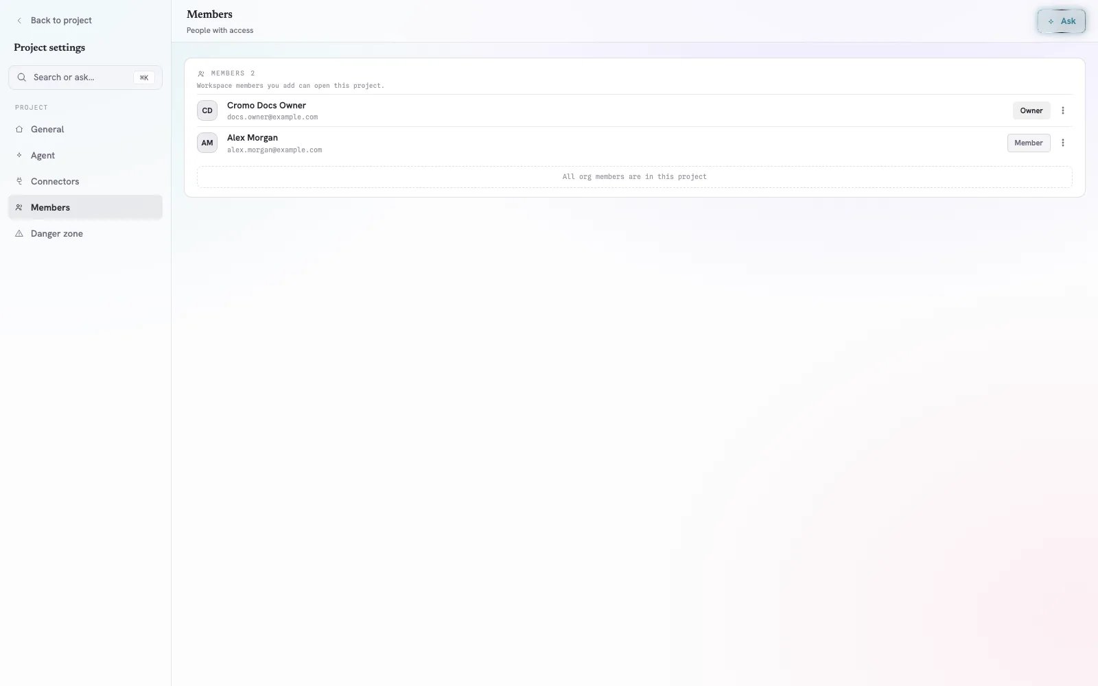 Cromo Project Members settings with two current members and their Workspace roles