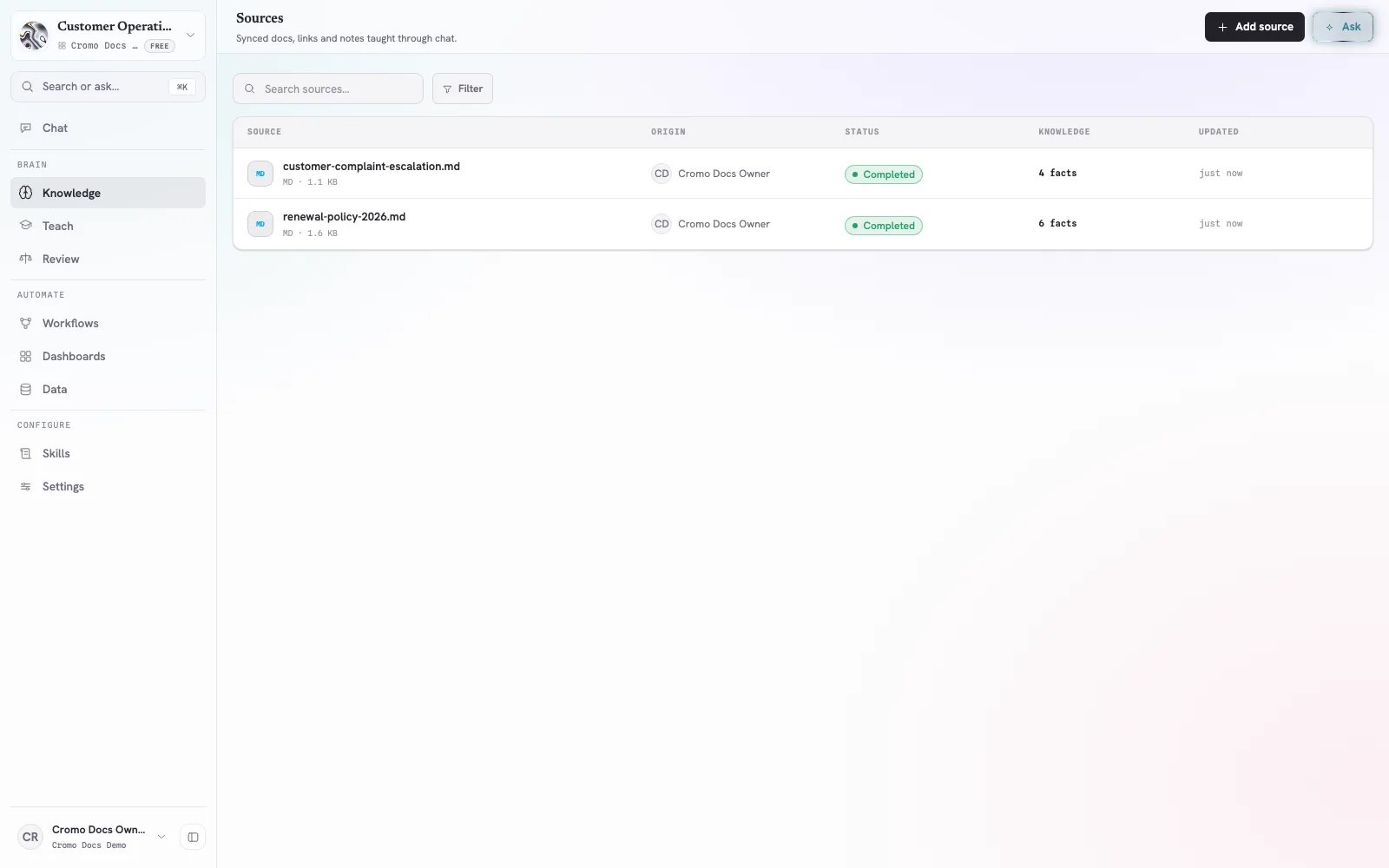 Cromo Sources list with two completed files and their Knowledge fact counts