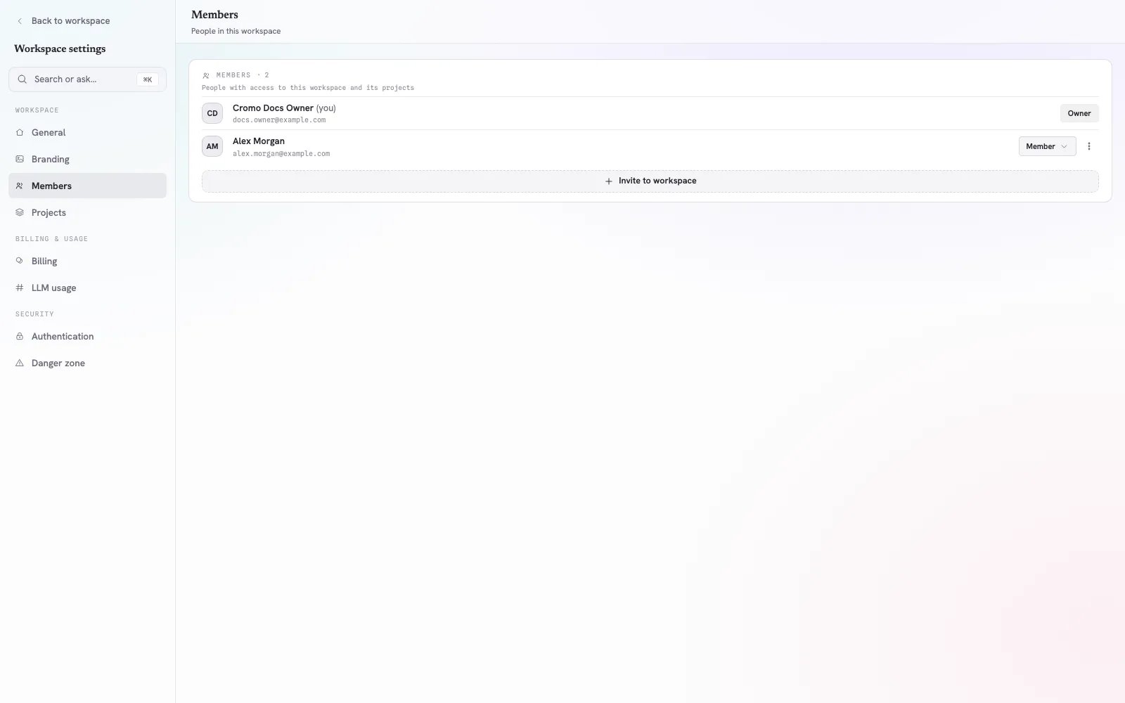Cromo Workspace Members settings showing an Owner and a Member