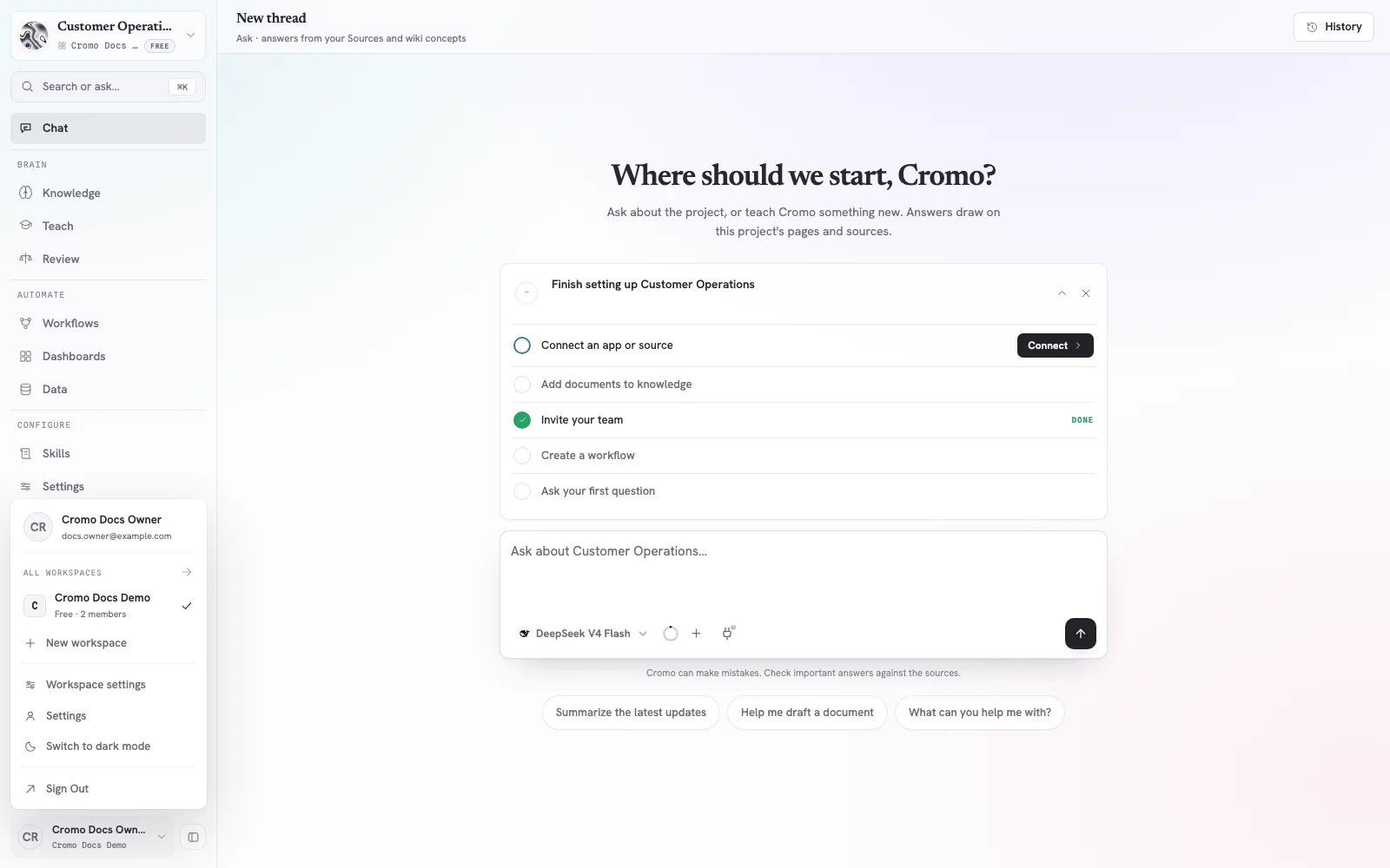Cromo account menu with Cromo Docs Demo selected and Workspace settings visible
