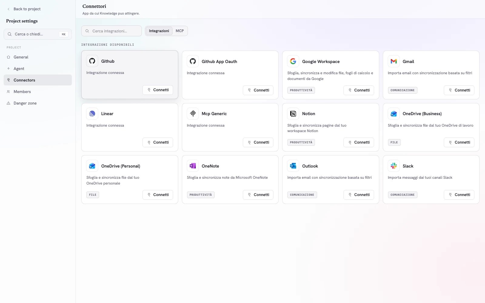 Impostazioni Cromo con catalogo Integrazioni per Google Workspace, Gmail, Notion, OneDrive, OneNote, Outlook, Slack e GitHub
