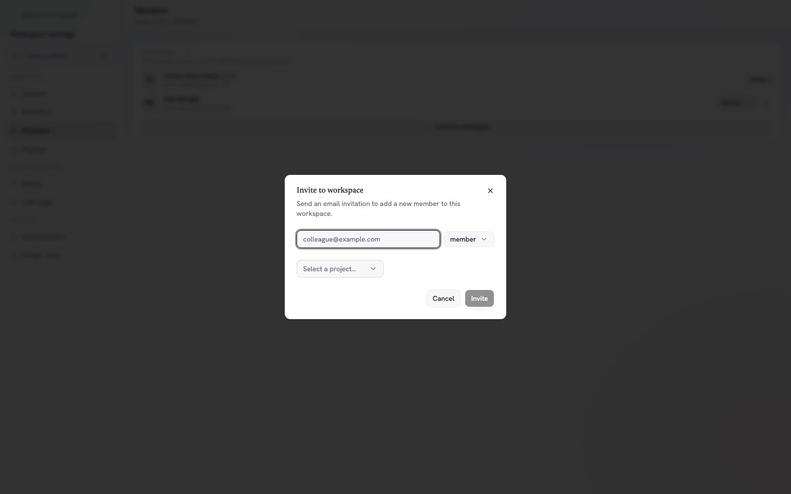 Finestra Invita nel workspace con campi email, ruolo e Progetto