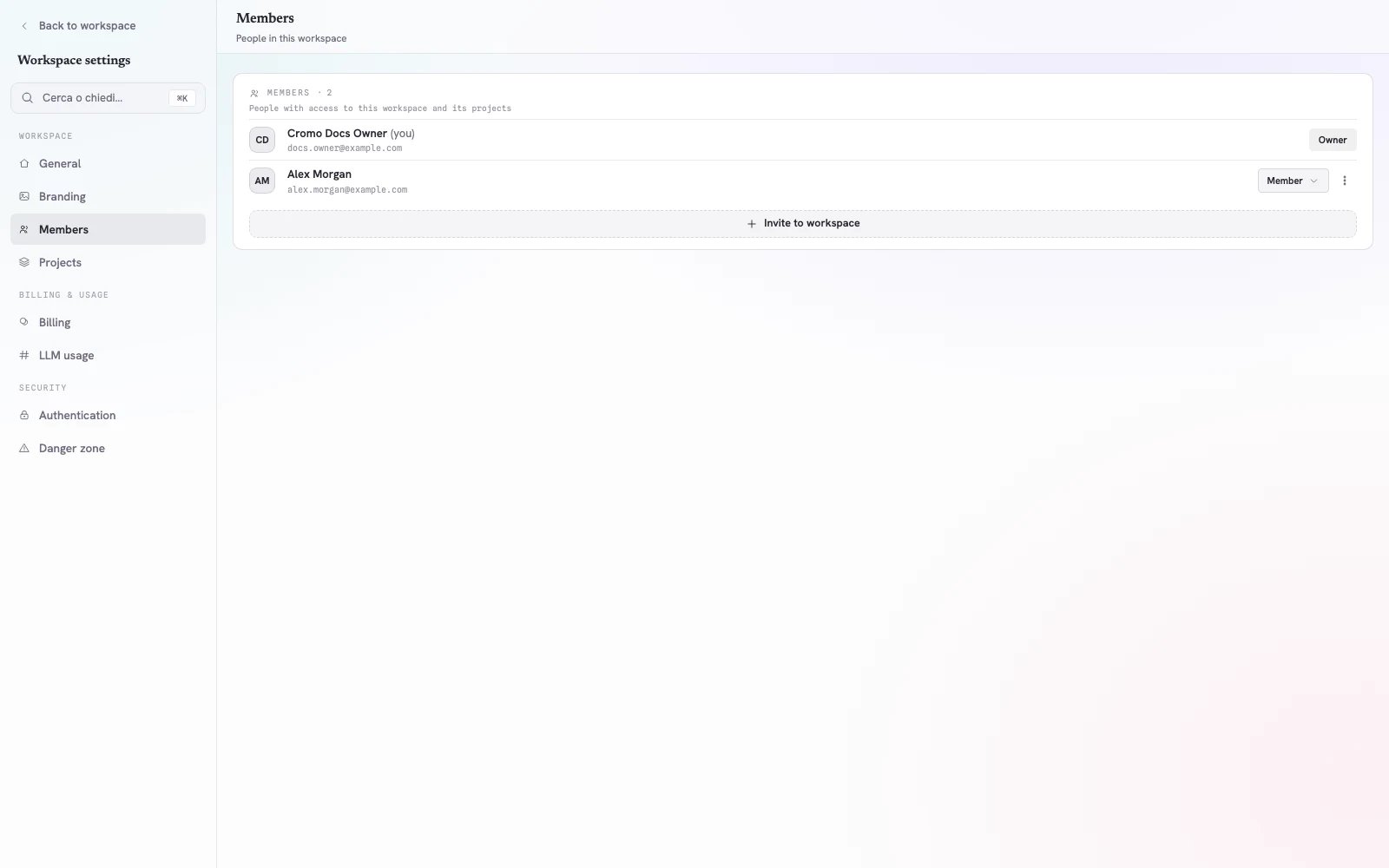 Impostazioni Membri del Workspace Cromo con un Owner e un Member