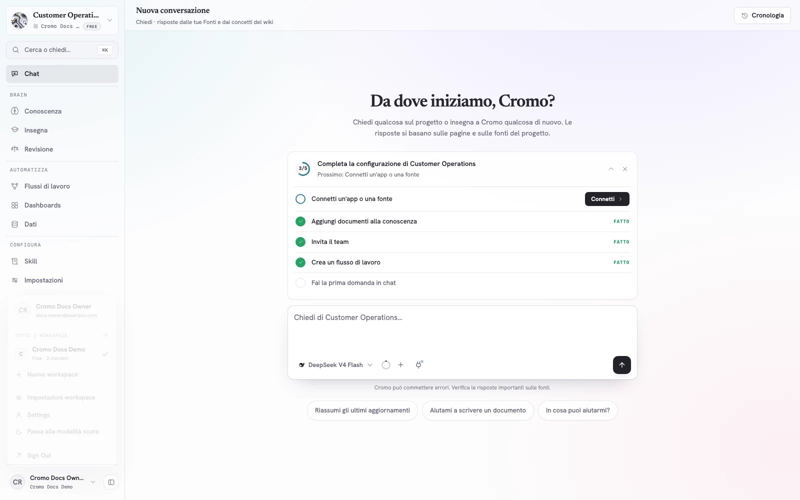 Menu account Cromo con Cromo Docs Demo selezionato e Impostazioni workspace visibile