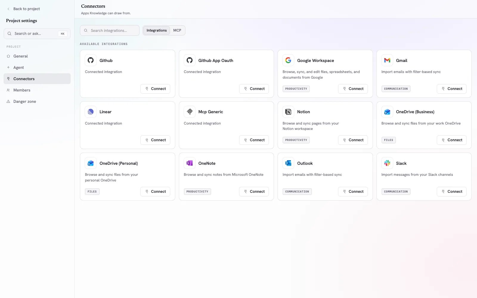 Cromo Project settings showing the Integrations catalog with Google Workspace, Gmail, Notion, OneDrive, OneNote, Outlook, Slack, and GitHub