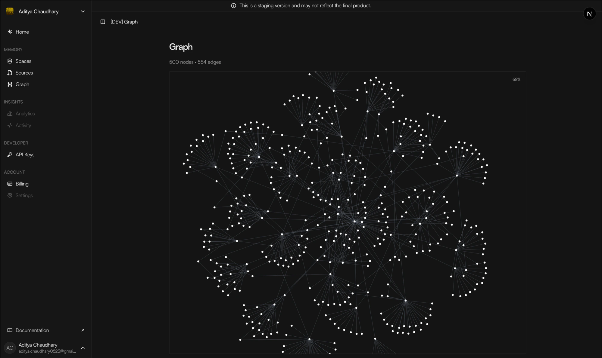 Crosmos knowledge graph with cluster-aware layout — 500 nodes and 554 edges arranged in distinct communities