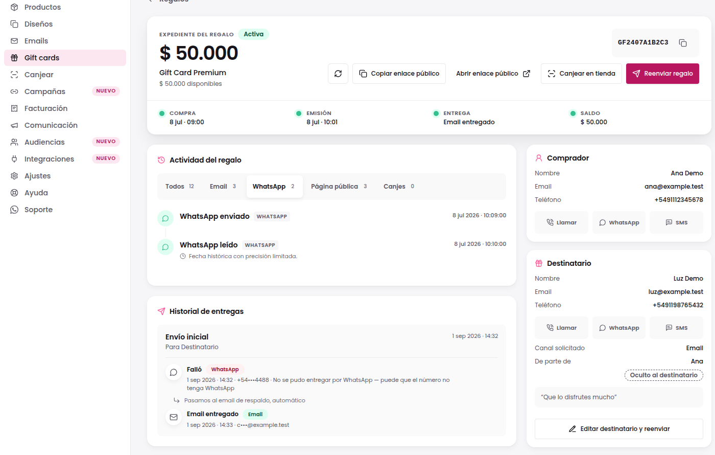 Historial real que muestra una entrega por WhatsApp fallida y el seguimiento por email