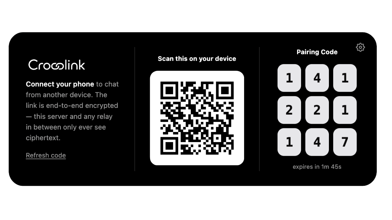 Crosslink connect widget with a QR code and short pairing code