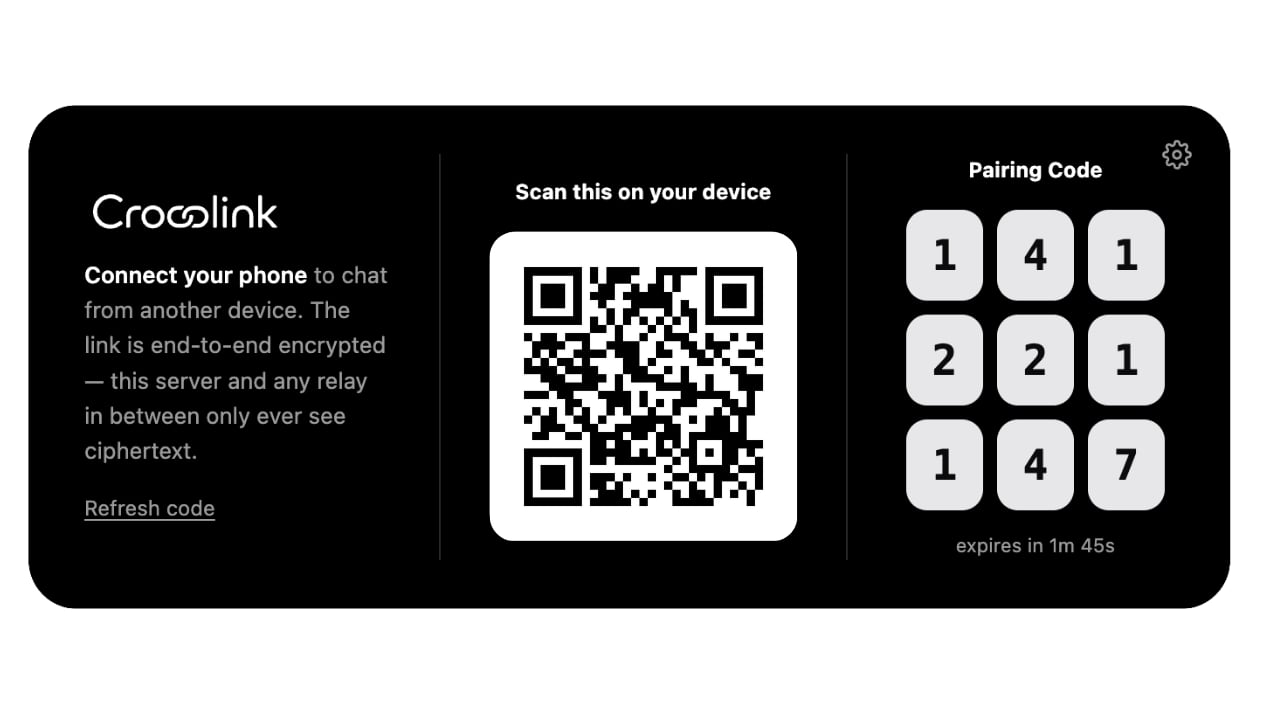 Crosslink connect widget with a QR code and short pairing code