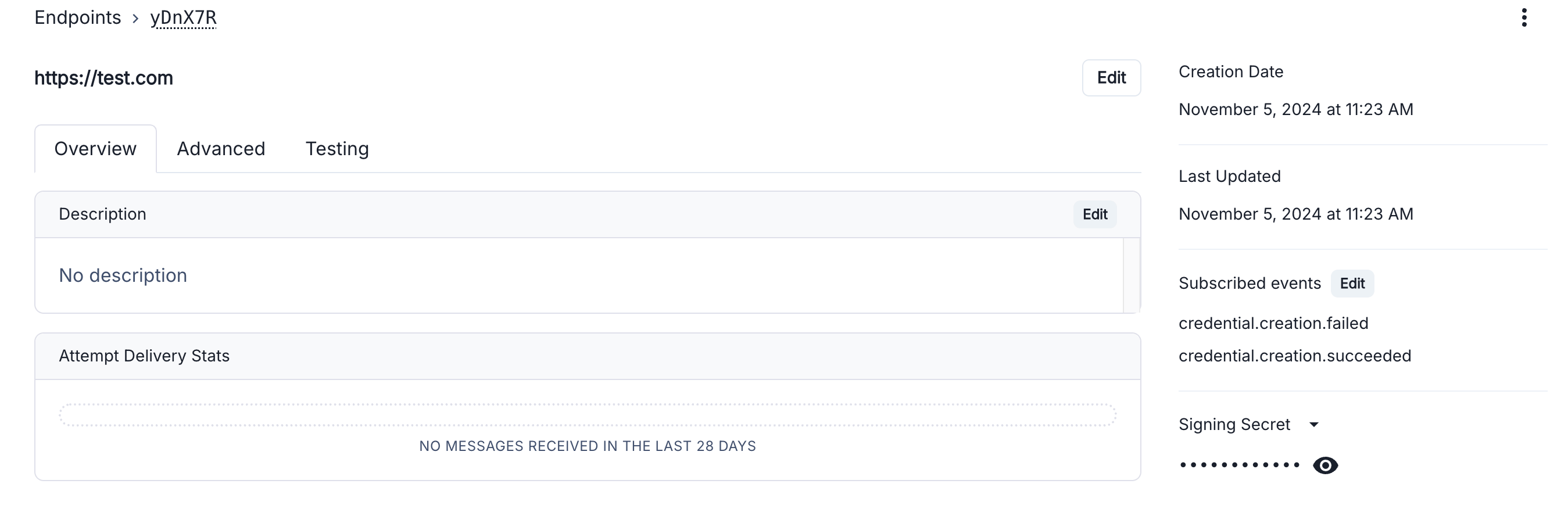 Screenshot of webhooks status UI