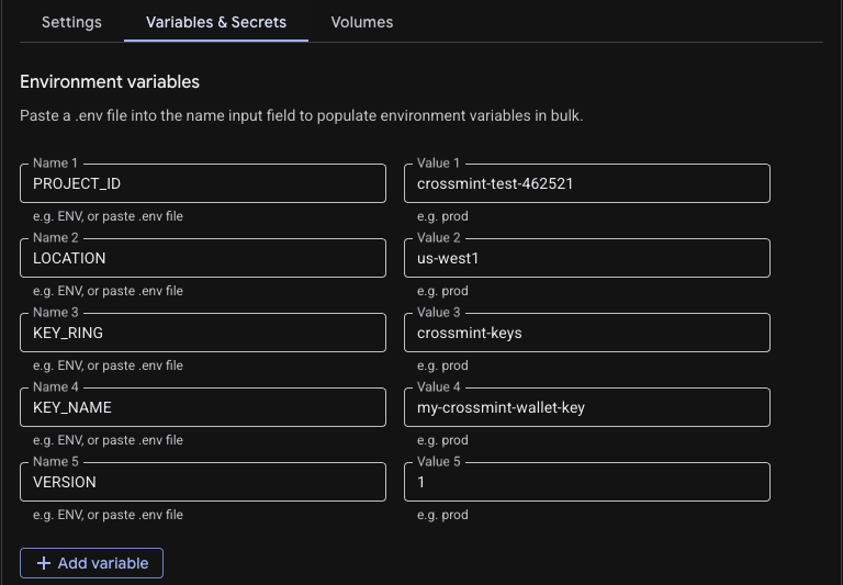Add environment variables to container