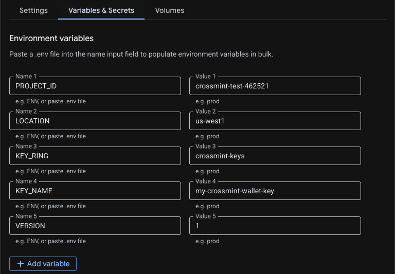 Add environment variables to container