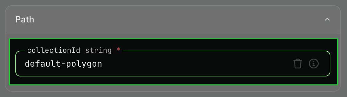 Enter collectionId screenshot with dark theme