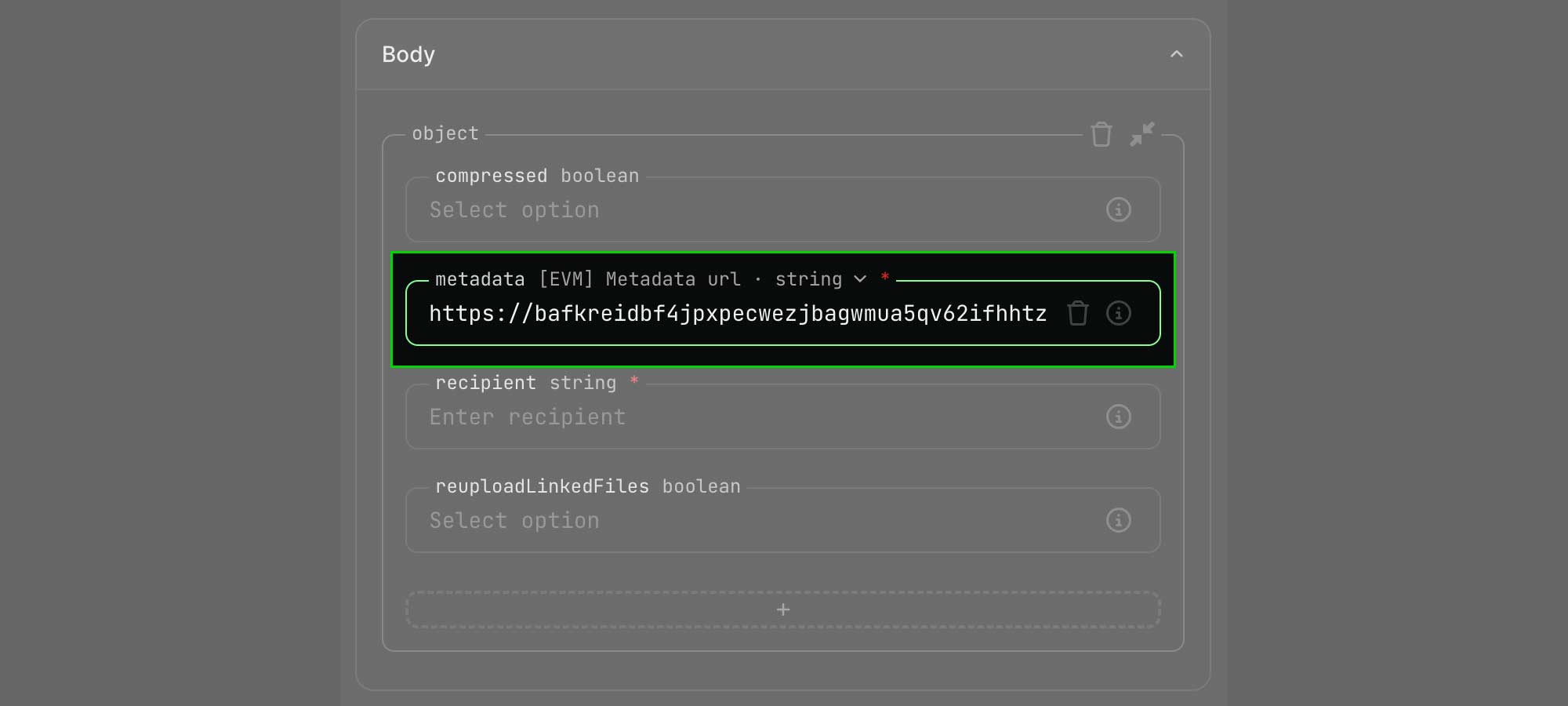 Enter metadata url screenshot with dark theme