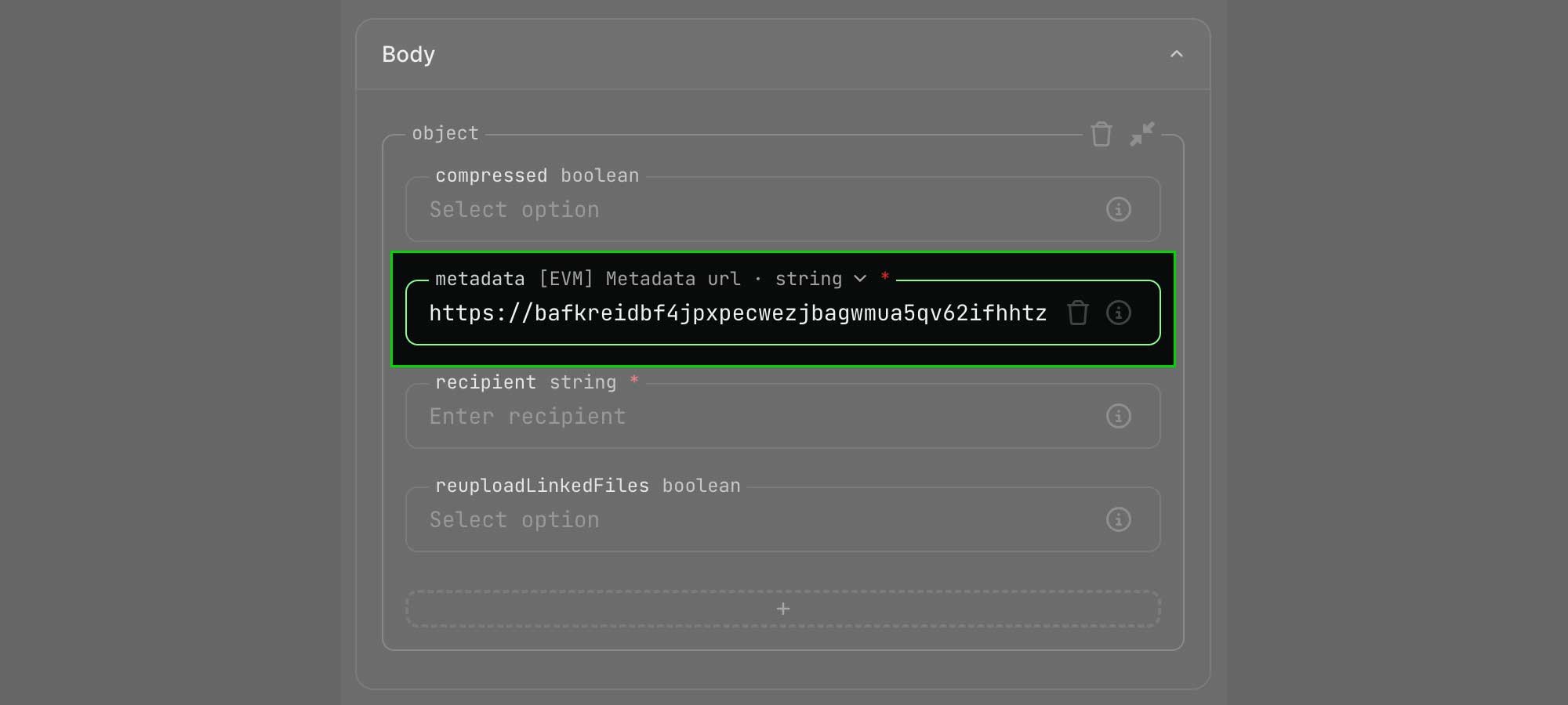 Enter metadata url screenshot with dark theme