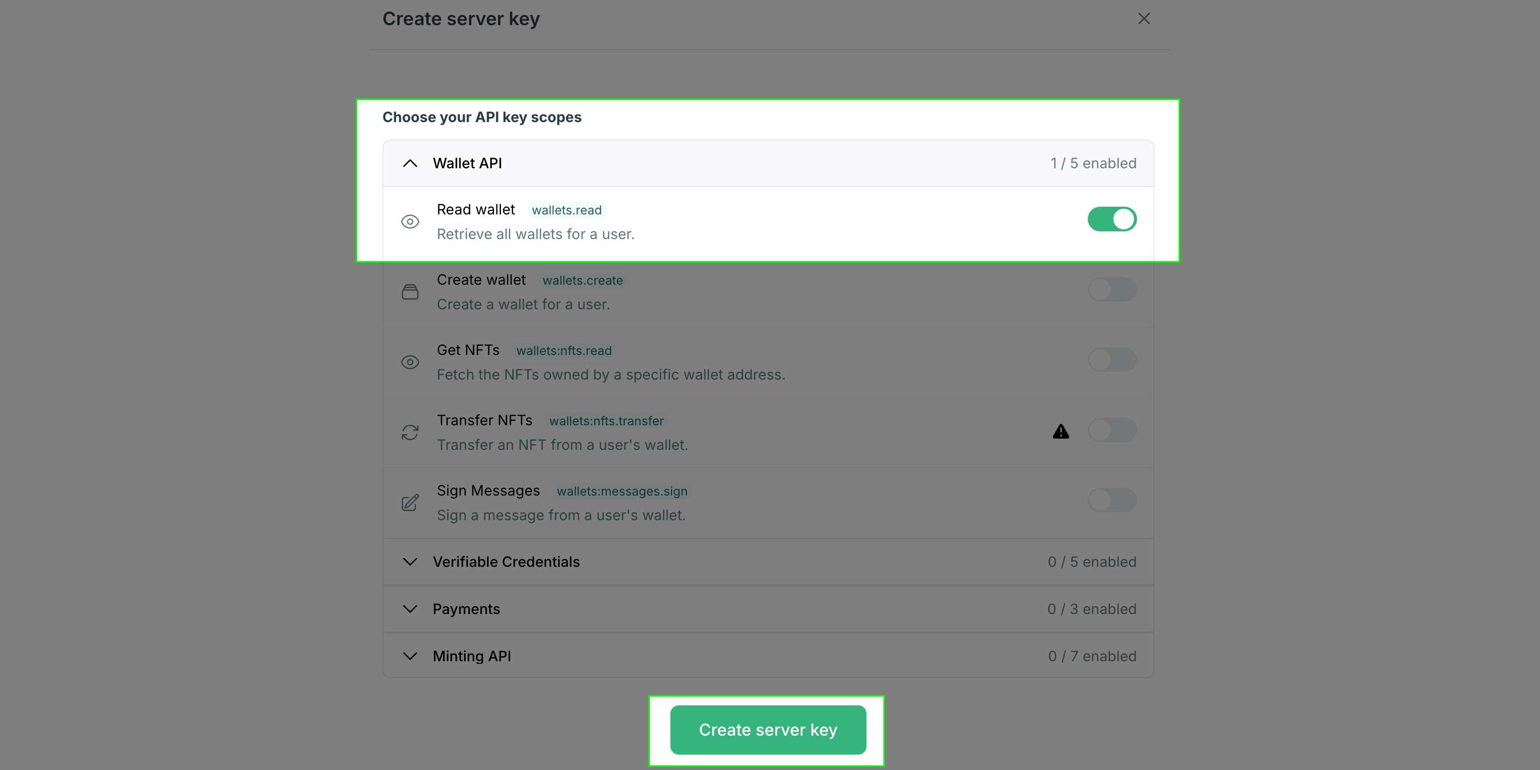 select server-side API scopes in Crossmint developer console
