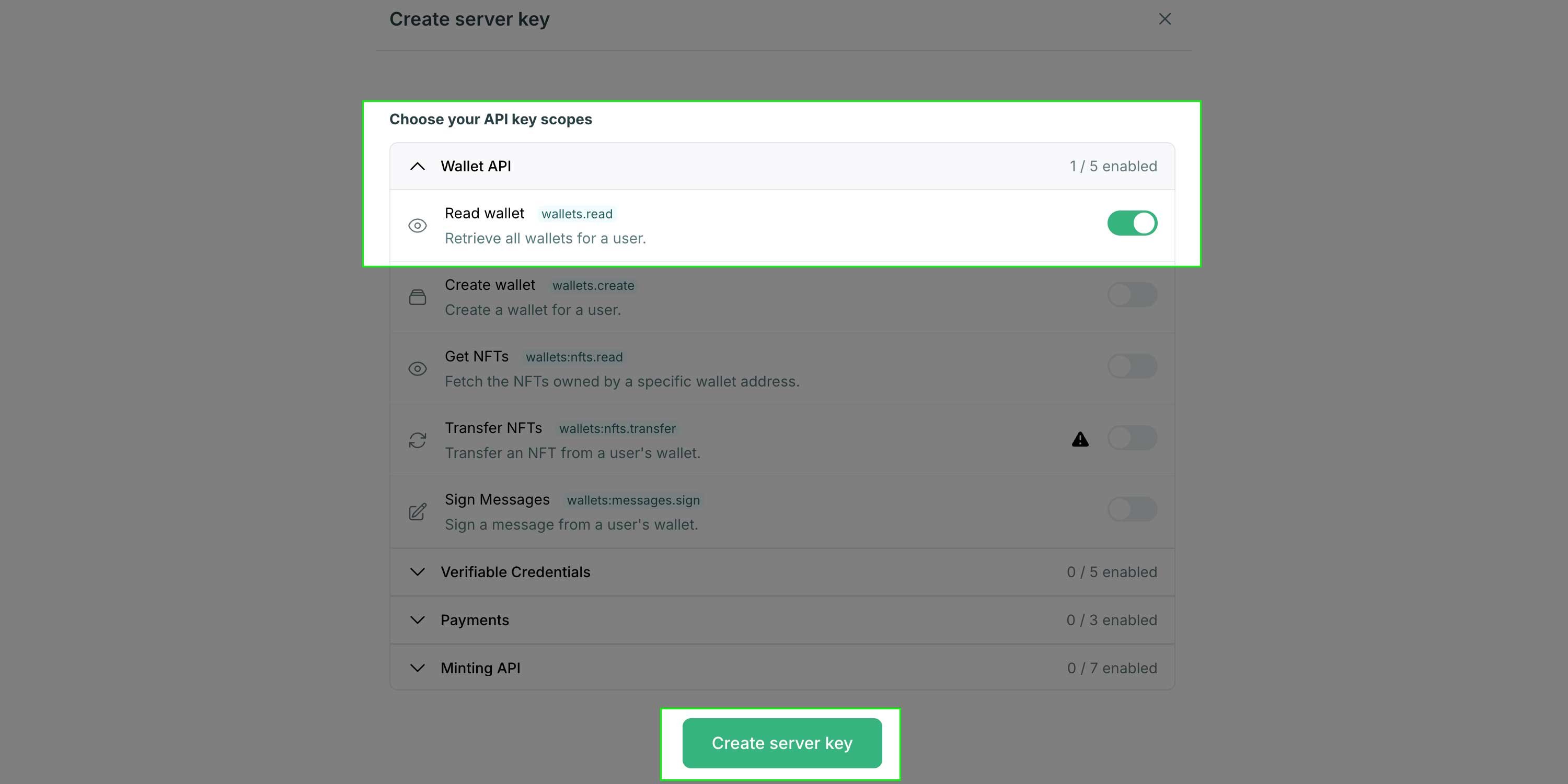 select server-side API scopes in Crossmint developer console
