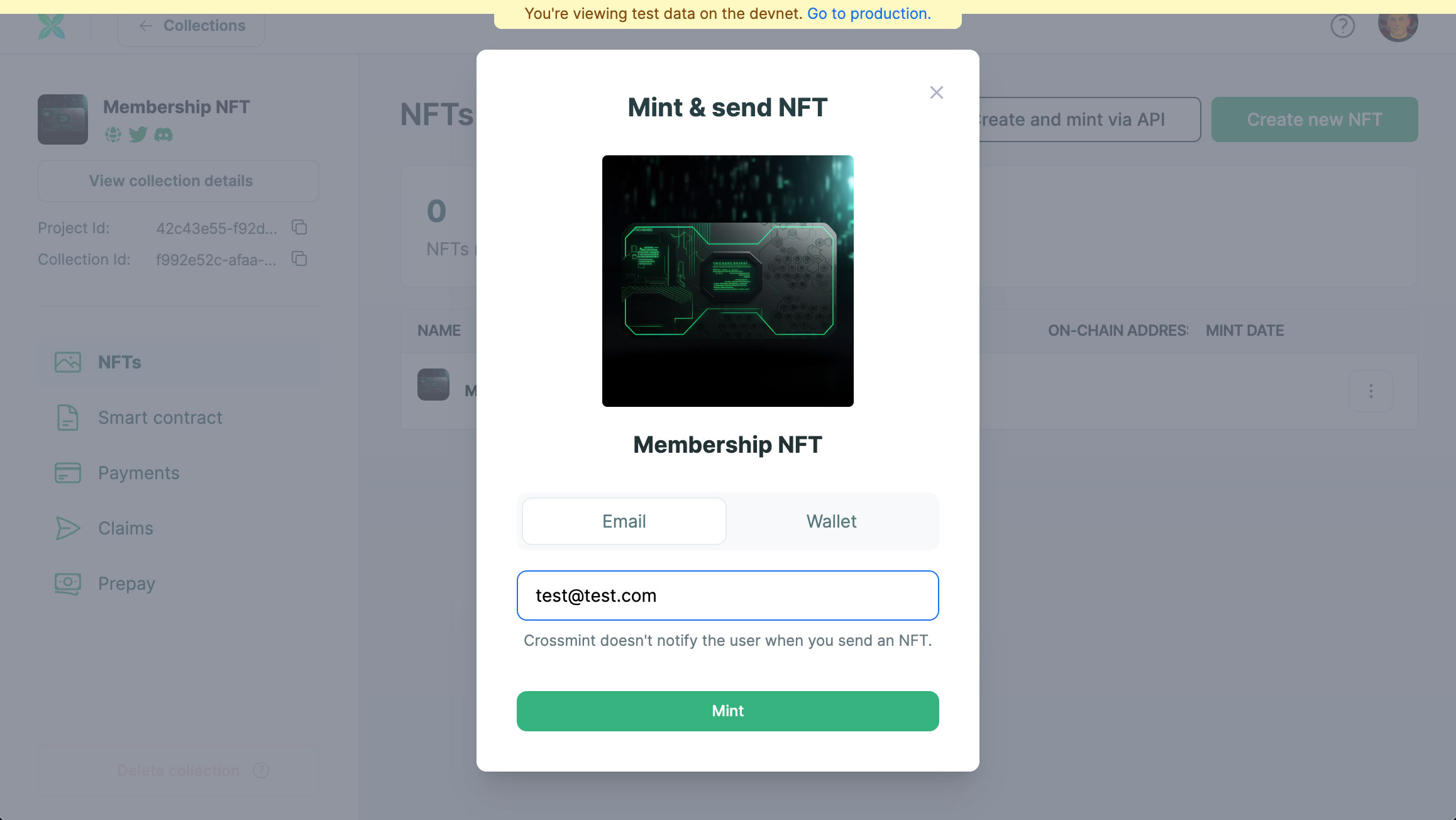 Enter an email and Send NFT screenshot