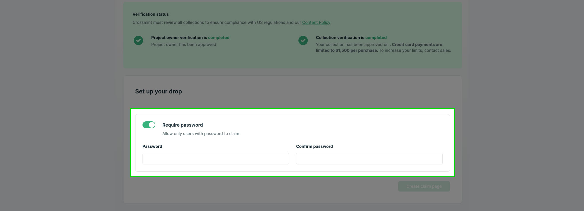 claims page password condition screenshot
