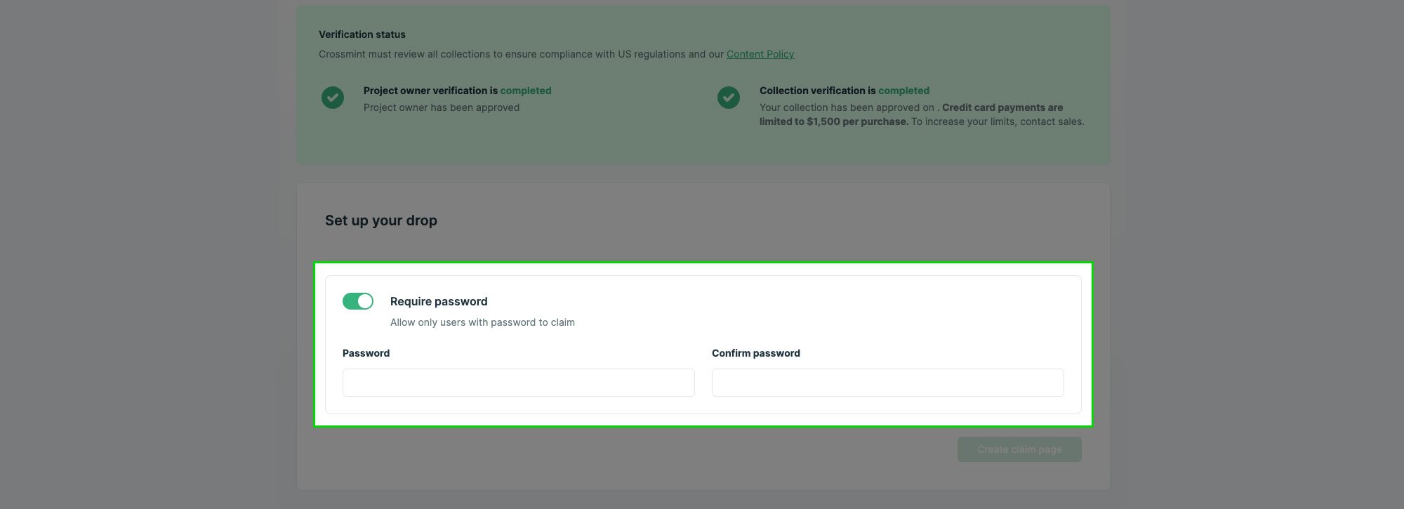 claims page password condition screenshot