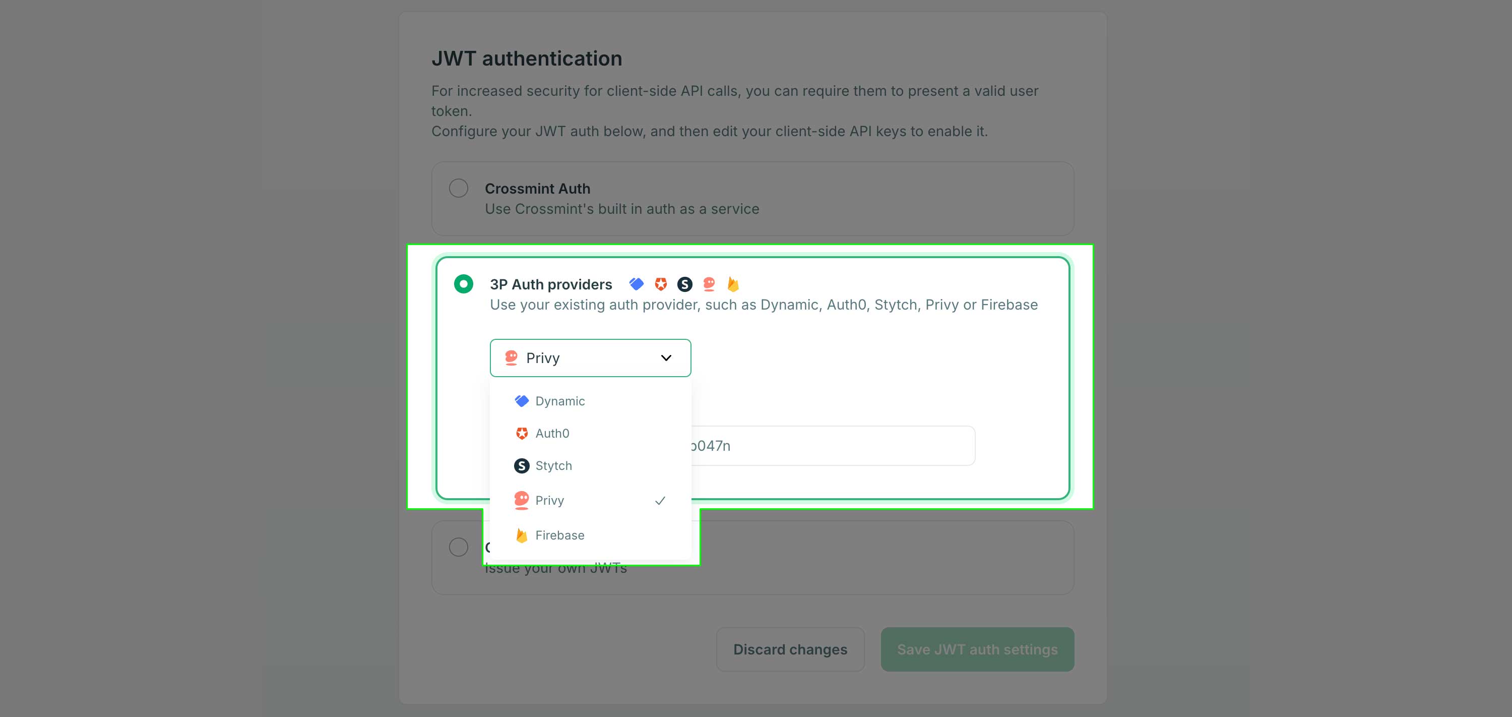 select third party Auth in Crossmint developer console