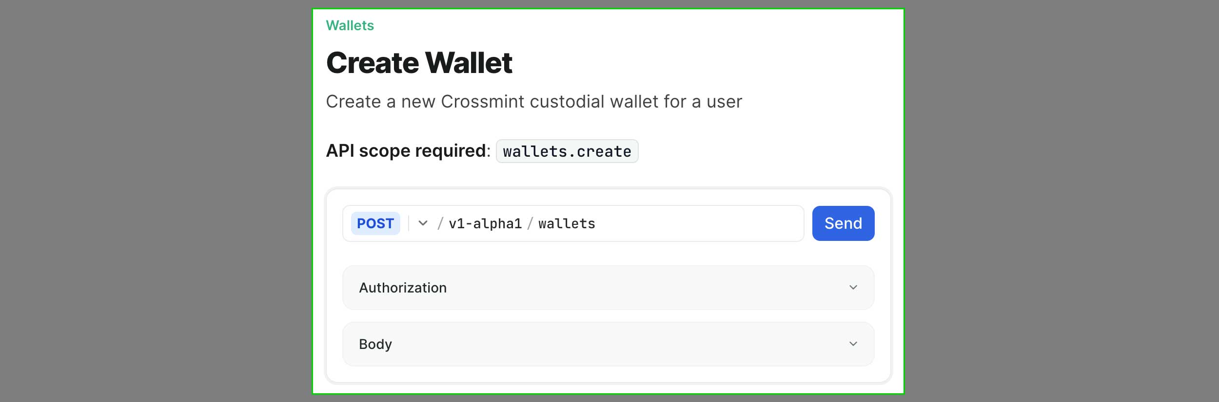 Navigate to create wallet endpoint screenshot with light theme