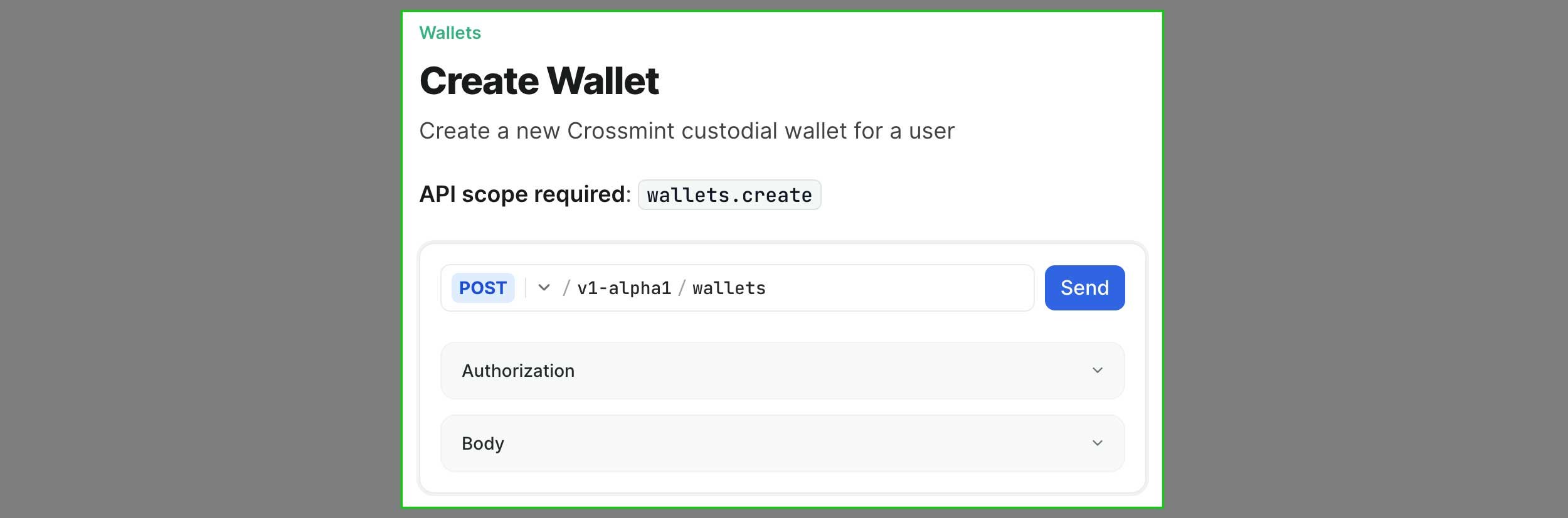 Navigate to create wallet endpoint screenshot with light theme