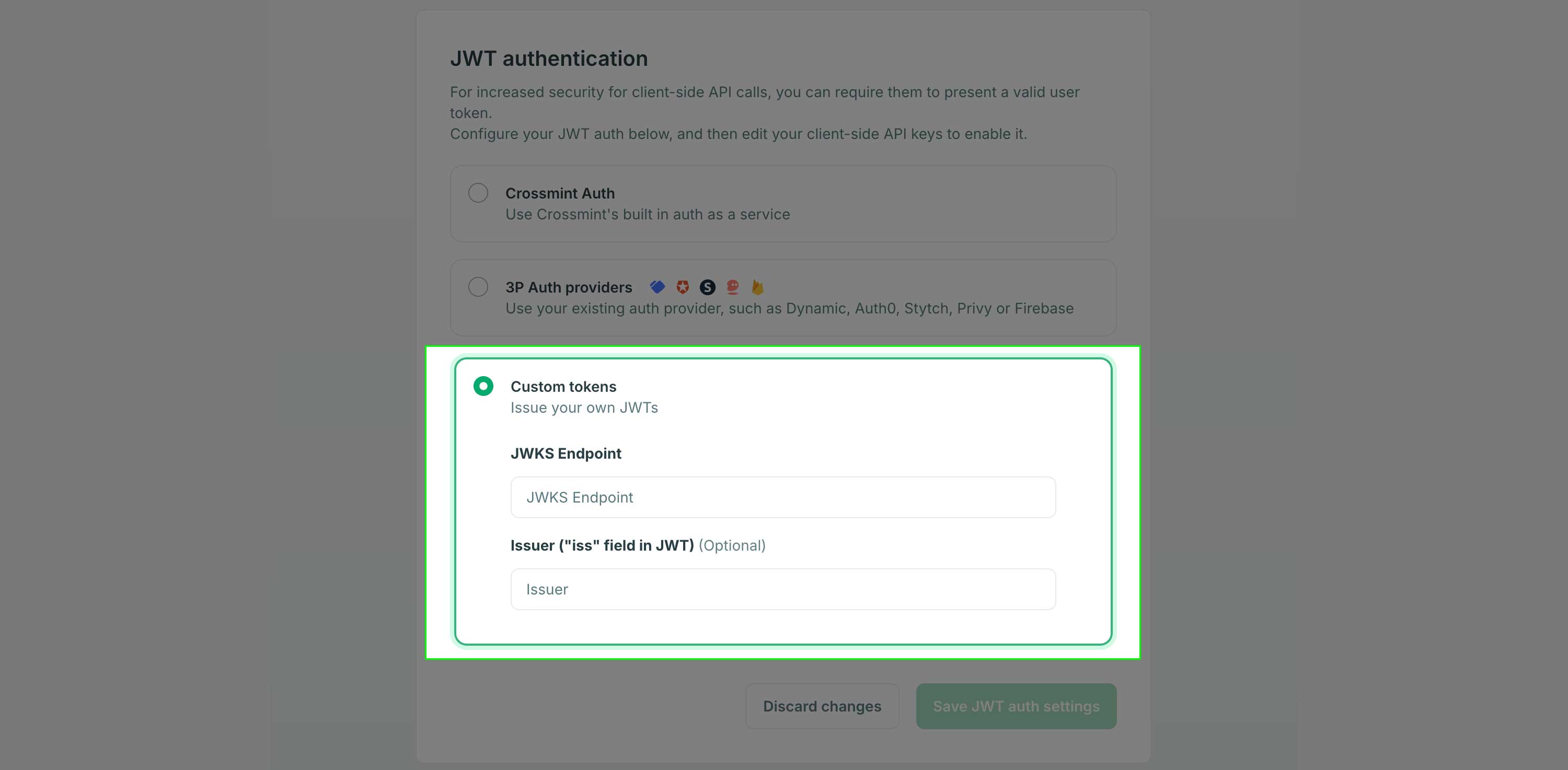 select third party Auth in Crossmint developer console