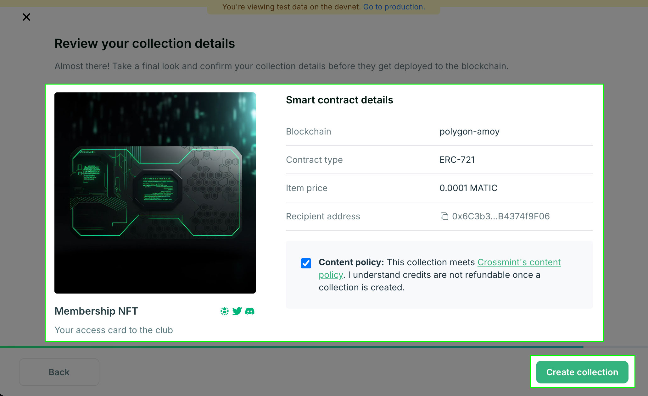 Crossmint collection complete screenshot