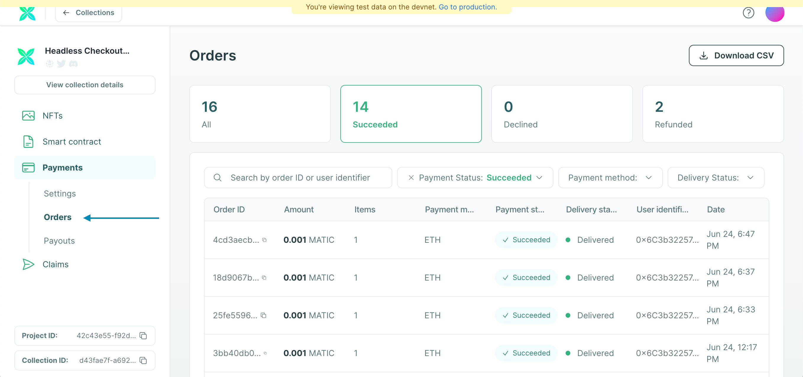 Orders view in developer console