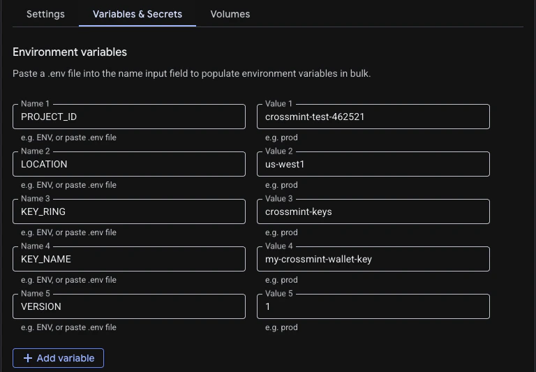 Add environment variables to container