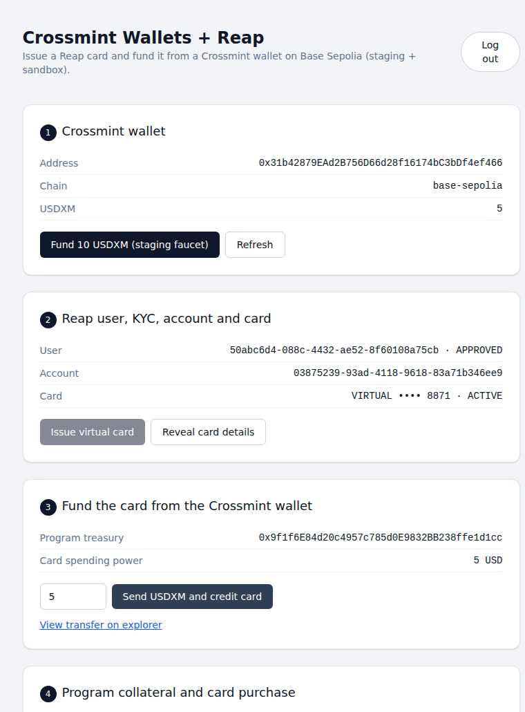Demo app showing the wallet balance reduced to 5 USDXM and Reap card spending power of 5 USD with an explorer link for the transfer