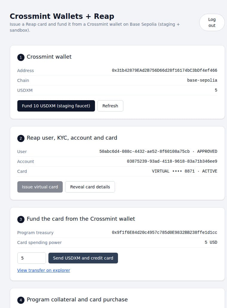 Demo app showing the wallet balance reduced to 5 USDXM and Reap card spending power of 5 USD with an explorer link for the transfer